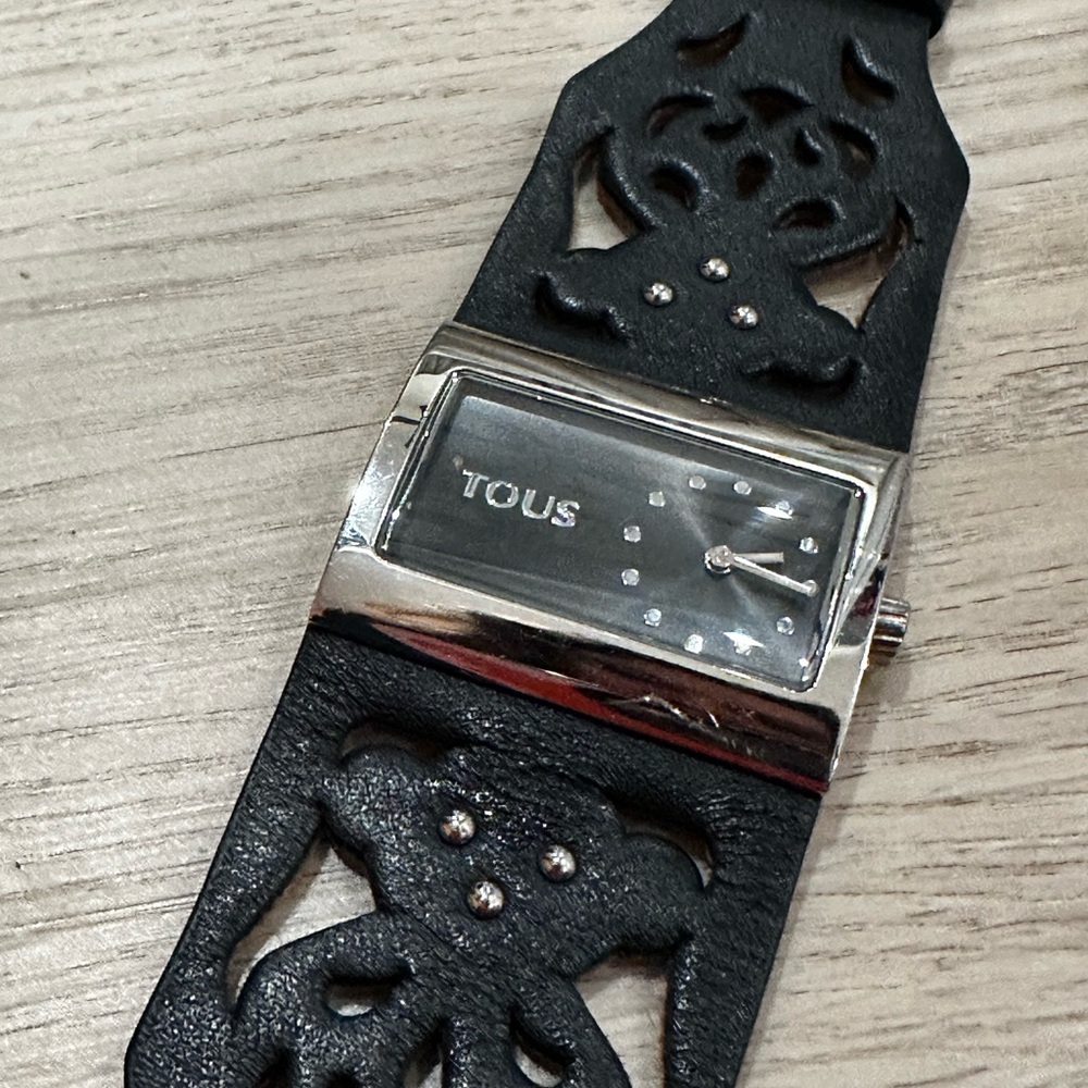 Tous vintage Black Leather Band Watch with Silver-Tone Case